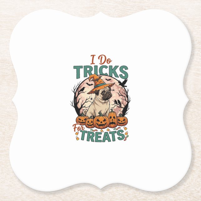 Tricks Behandlungen Halloween Mops Hexenhut Kürbis Untersetzer (Vorderseite)