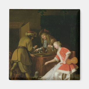 Tricktrackspieler mit einer Dame und ihrem Hund Magnet