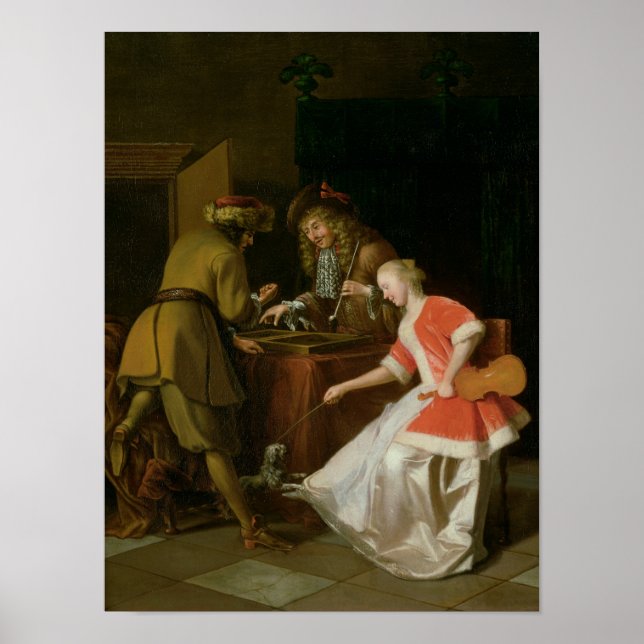 Tricktrackspieler mit einer Dame und ihrem Hund Poster (Vorne)