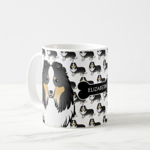 Tricolor Cartoon Sheltie mit Dogenknochen und Name Kaffeetasse