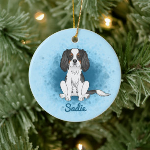 Tricolor Cavalier King Charles Spaniel Dog On Blue Keramik Ornament