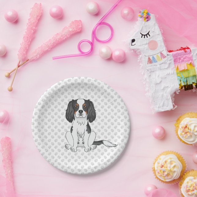 Tricolor Cavalier King Charles Spaniel Dog & Paws Pappteller (Party)