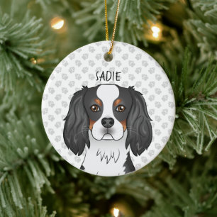 Tricolor Cavalier King Charles Spaniel Kopf & Name Keramik Ornament