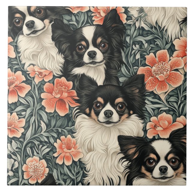 Tricolor Chihuahuas William Morris Style Floral Fliese (Vorderseite)