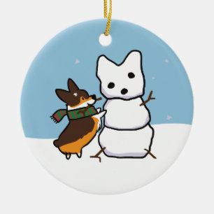 Tricolor Corgi-Schneemann-Verzierung   CorgiThings Keramik Ornament