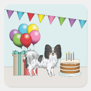 Tricolor Papillon Cartoon Hund Farbige Geburtstags Quadratischer Aufkleber