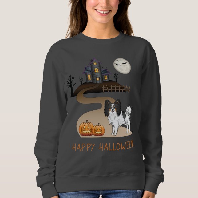 Tricolor Papillon Dog und Halloween Spuk Haus Sweatshirt (Vorderseite)