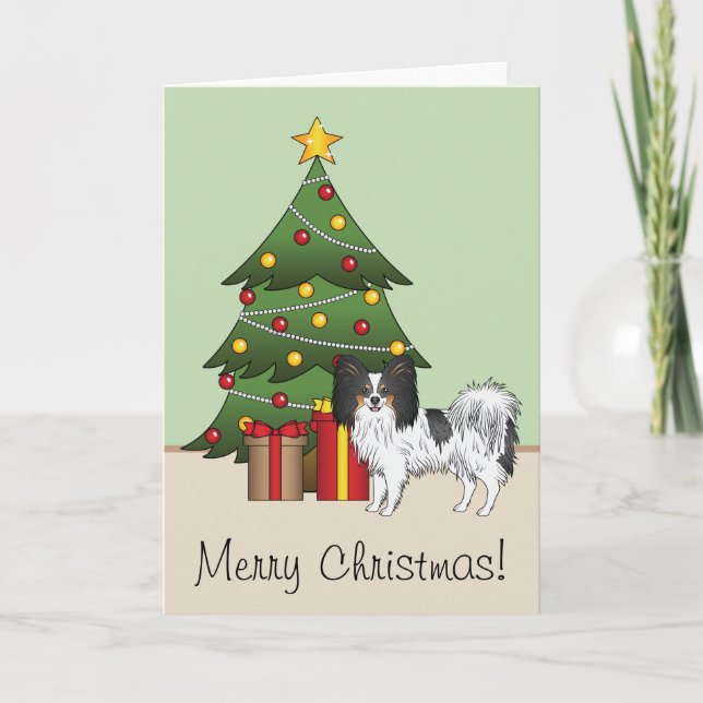 Tricolor Papillon Happy Dog By a Christmas Tree Karte (Vorderseite)
