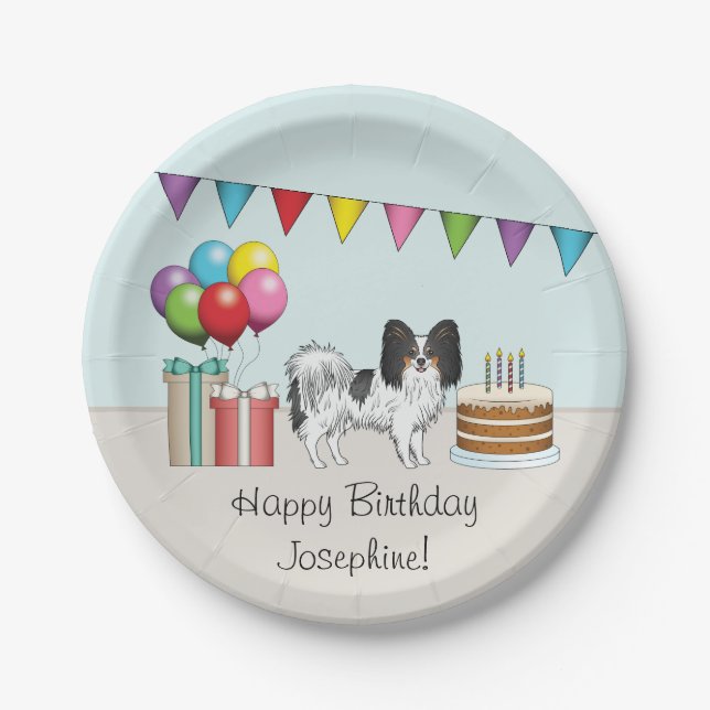 Tricolor Papillon Happy Dog Colorful Birthday Pappteller (Vorderseite)