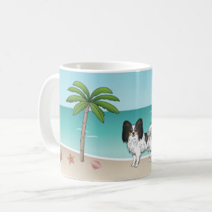 Tricolor Papillon Hund an einem tropischen Sommers Kaffeetasse