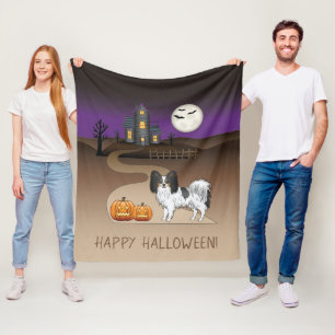 Tricolor Papillon Hund und Halloween Spukhaus Fleecedecke