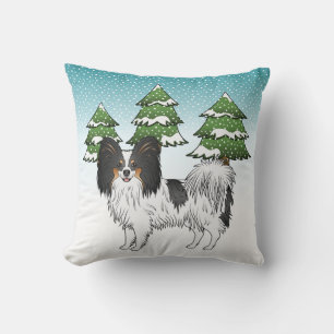 Tricolor Papillon Süßer Hund in einem Winterwald Kissen