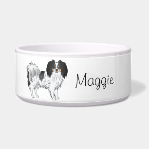 Tricolor Phalène Happy Dog mit personalisiertem Na Napf
