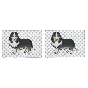 Tricolor Rough Collie Niedlich Cartoon Dog & Paws Kissenbezug