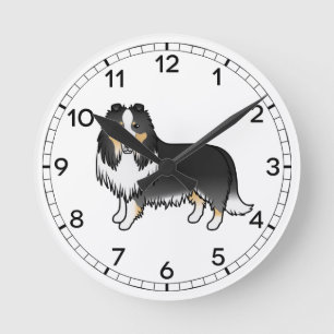 Tricolor Rough Collie Niedlich Cartoon Dog Runde Wanduhr