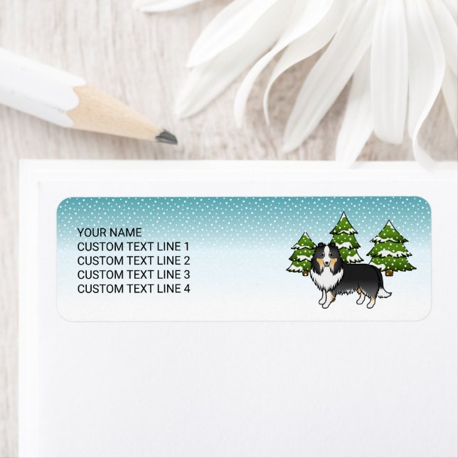 Tricolor Sheltie Cartoon Dog im Winter & Text (Insitu)