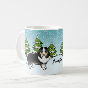 Tricolor Sheltie Cartoon Hund im Winter & Name Kaffeetasse