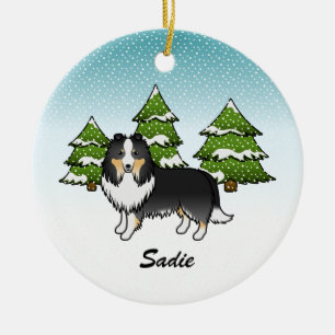Tricolor Sheltie Cartoon Hund im Winter & Name Keramik Ornament