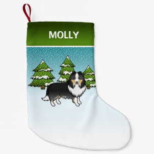 Tricolor Sheltie Cartoon Hund im Winter & Name Kleiner Weihnachtsstrumpf