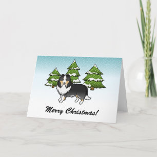 Tricolor Sheltie Cartoon Hund im Winter & Text Karte