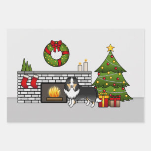 Tricolor Shetland Sheepdog Hund in einem Weihnacht Geschenkpapier Set