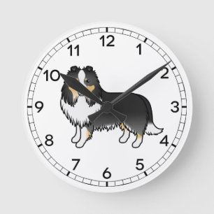 Tricolor Shetland Sheepdog Sheltie Cartoon Dog Runde Wanduhr
