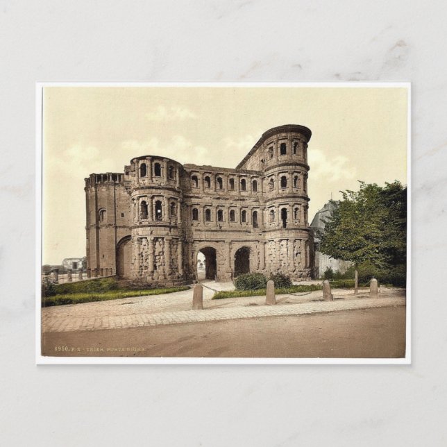 Trier (Bäume), Porta Nigra (Schwarzes Tor), Mosell Postkarte (Vorderseite)