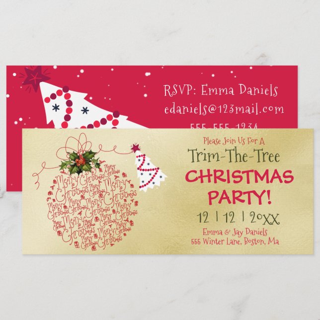 Trim-the-Tree, Red and Gold Weihnachten Party Einladung (Vorne/Hinten)
