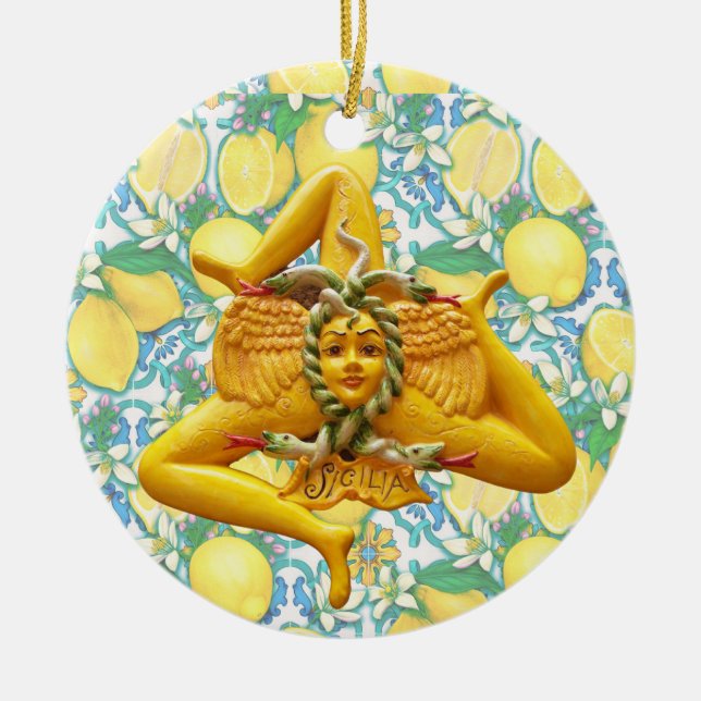 Trinacria Sicily Sicilia Italien Pride Lemon Blue Keramik Ornament (Vorne)