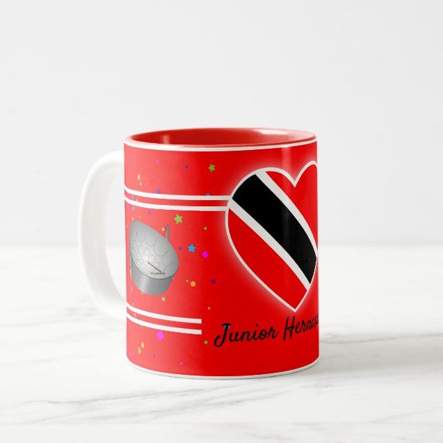 Trinidad und Tobago Flag & Steelpan (Ihr Name) Zweifarbige Tasse (Vorderseite Links)