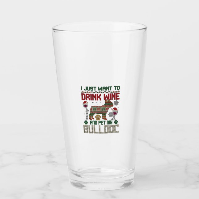 Trinke Wein Bulldogge Hund hässlicher Pullover Wei Glas (Vorderseite)