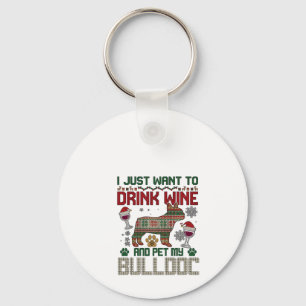 Trinke Wein Bulldogge Hund hässlicher Pullover Wei Schlüsselanhänger