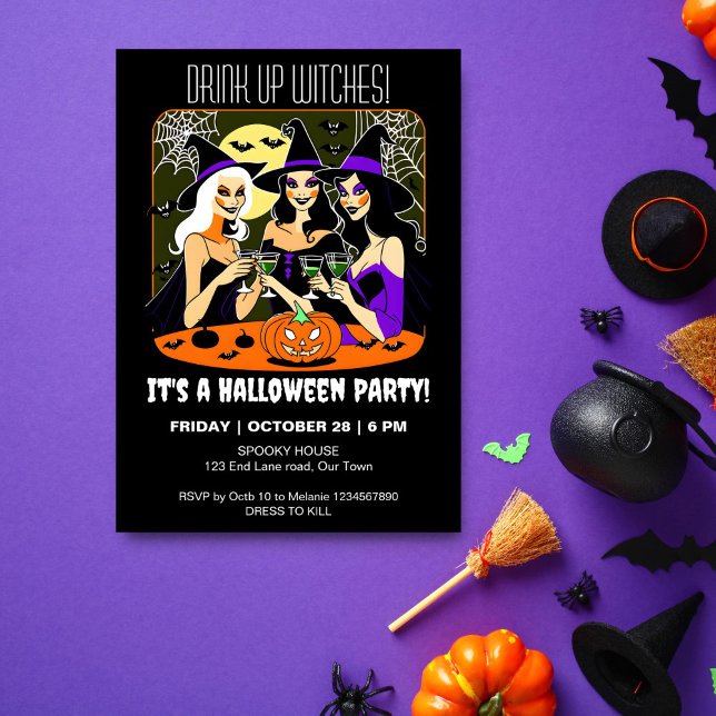 Trinken Sie die Hexen erwachsenes Halloween-Party Einladung (Drink up witches adult Halloween party template invitation digital three pretty witches partying)