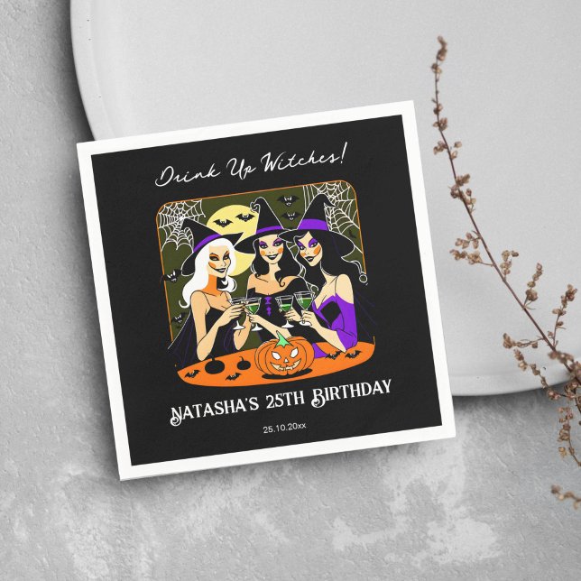 Trinken Sie Hexen Erwachsenen Halloween Geburtstag Serviette (Halloween adult birthday party tableware personalized napkins pretty witches sipping cocktails black)