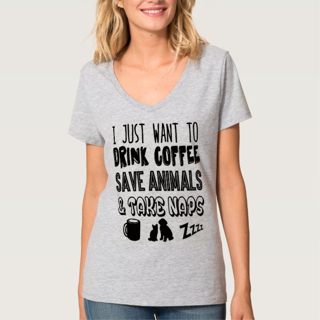 Trinkender Kaffee u. Retten der Tiere T-Shirt (Vorderseite)