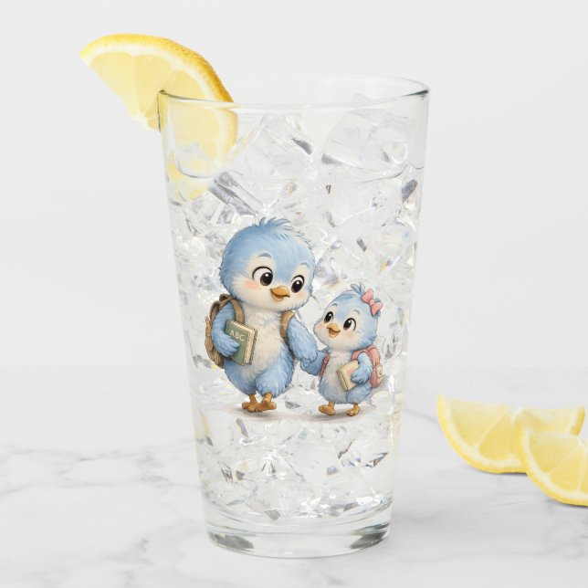 Trinkglas mit blauen Vogelgeschwistern Glas (Vorderseite Ice)