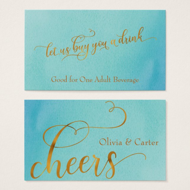Trinkkarten, elegantes Gold-Script mit Wasserfarbe (Vorne & Hinten)