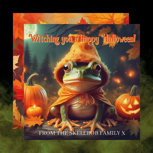 Trinkmeisterin Lehrling Whimsical Frog Halloween Karte (Witch Frog Orange Pumpkin Spooky Cute Halloween card Autumn Leaves Family Halloween Witchy Aesthetic)