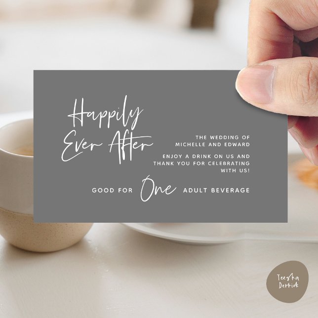 Trinkschein, Erwachsenengetränk, glücklicherweise  Begleitkarte (Modern Wedding Drink Ticket, Adult Beverage, Happily Ever After Enclosure Card in Dark Grey)