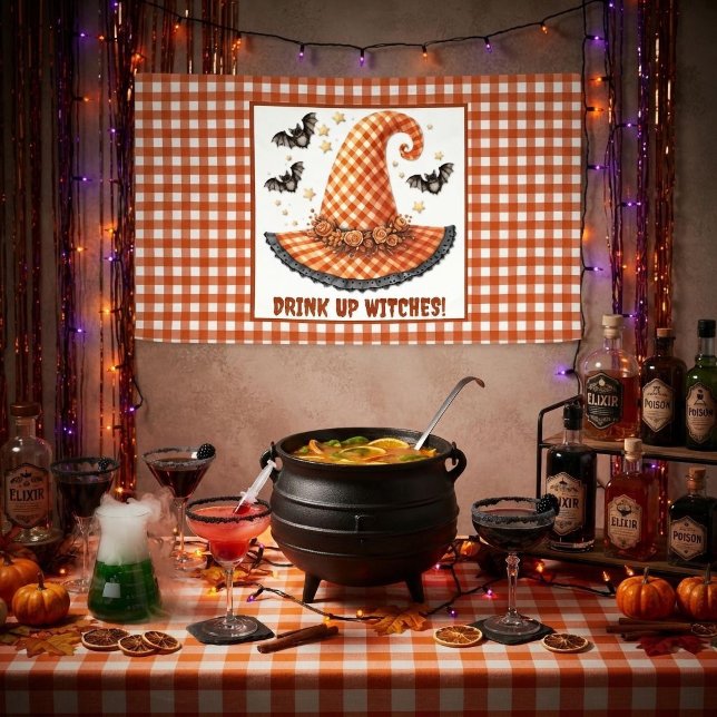 Trinkt auf, Hexen, Gingham-Halloween-Hexenhut Banner (Von Creator hochgeladen)