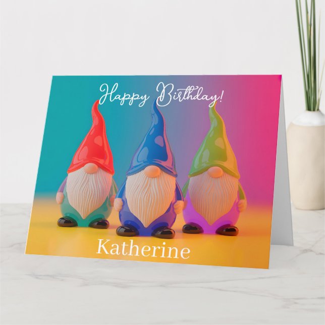 Trio aus glasierten Keramik-Gnom-Figuren mit Namen Karte (Vorderseite)