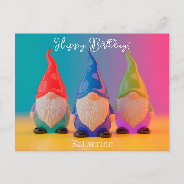 Trio aus glasierten Keramik-Gnomfiguren mit Namen Postkarte (Vorderseite)