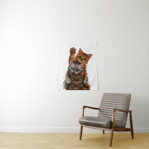 Trio bei Whimsical Cats: Spielerische Stapel Wandteppich