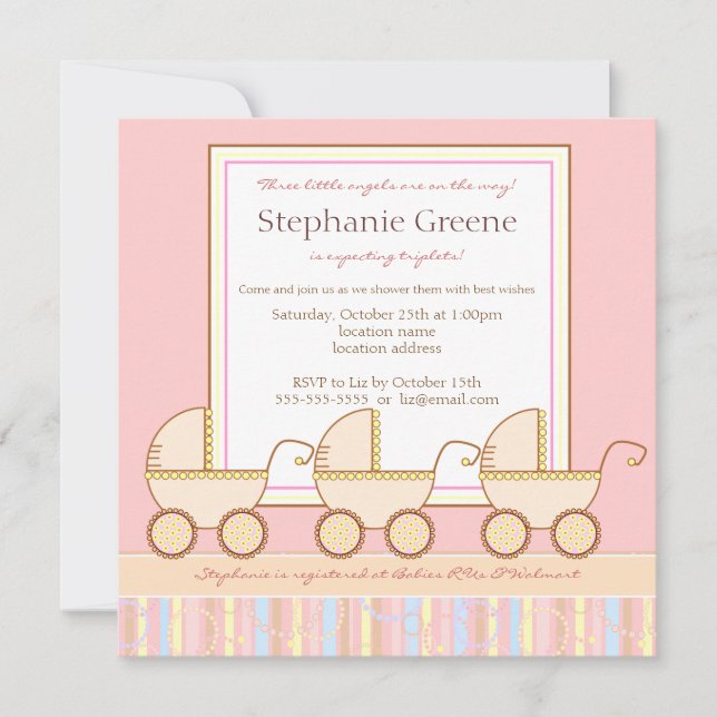 Trio Carriage Triplet Girl Baby Shower Invitation Einladung (Vorderseite)