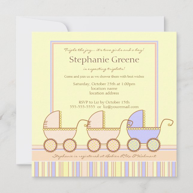 Trio Carriage Triplet Girls Boy Shower Invitation Einladung (Vorderseite)