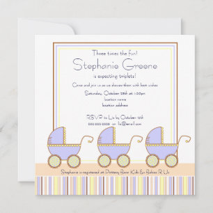 Trio Carriage Triplets Boy Baby Shower Einladung