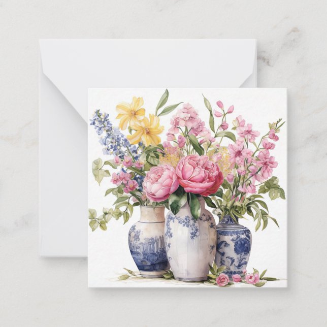 Trio der Blume Bouquets Delft Vases Flat Note Card Mitteilungskarte (Vorderseite)