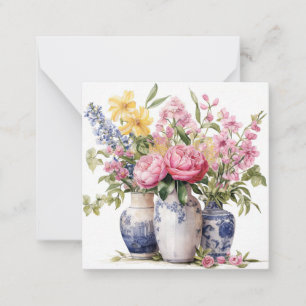 Trio der Blume Bouquets Delft Vases Flat Note Card Mitteilungskarte