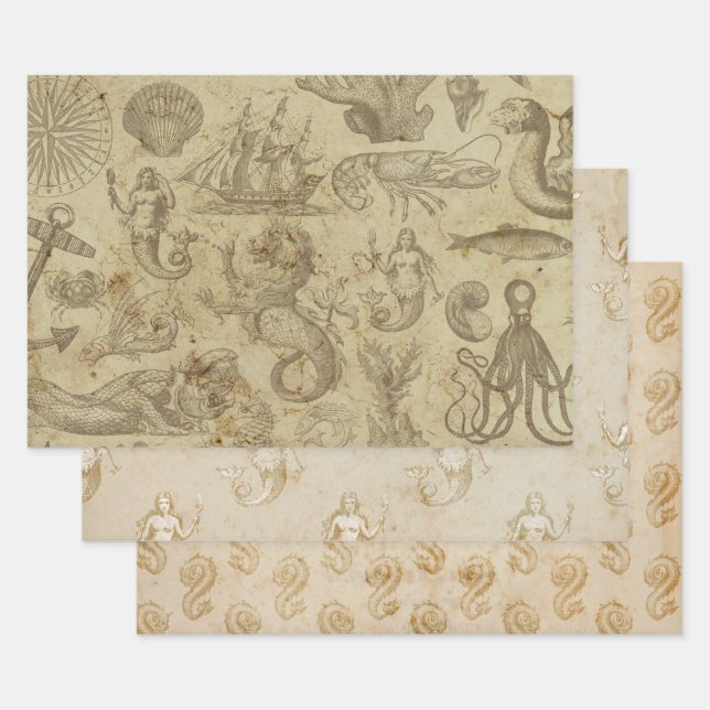Trio der Vintagen Meereslebewesen Geschenkpapier Set (Set)