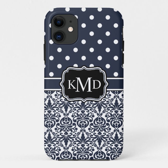 Trio Mit Monogramm Navy Damask Case-Mate iPhone Hülle (Rückseite)